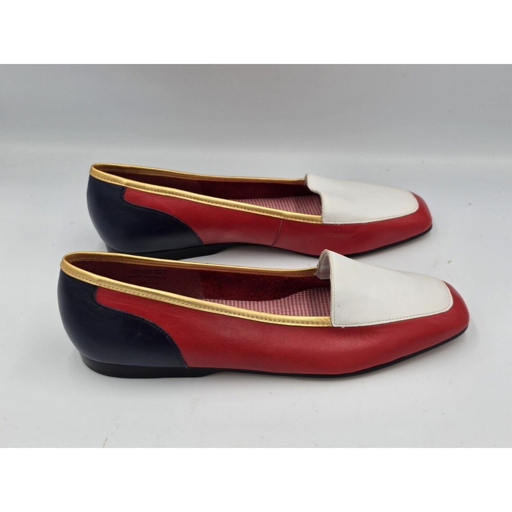 Enzo Angiolini Womens Size 7.5 Shoes Red Navy & Gold Leather Loafers Flats